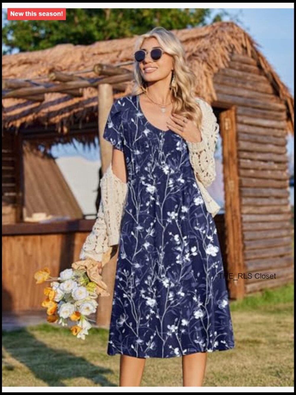 Pleated Midi A-Line Dress with Pockets, Short Sleeve, Casual Summer - Picture 3 of 7